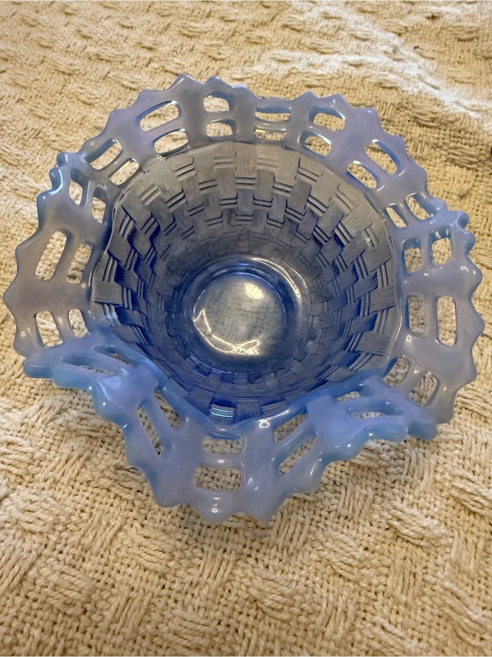 Vintage Fenton Blue Opalescent Lattice Basket Bowl